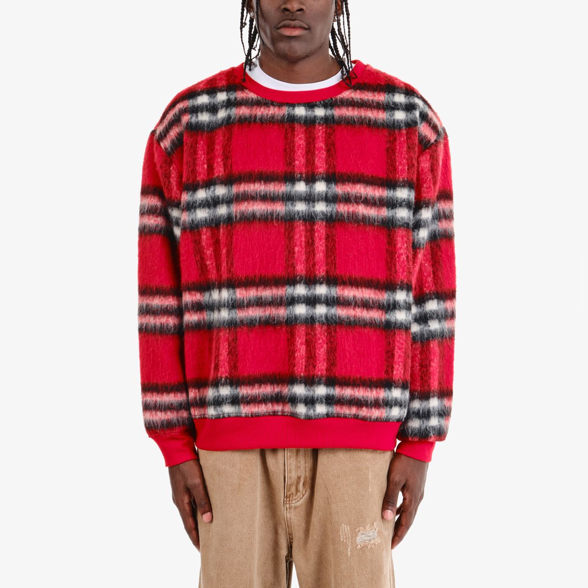 Fuzzy Plaid Crewneck Sweater