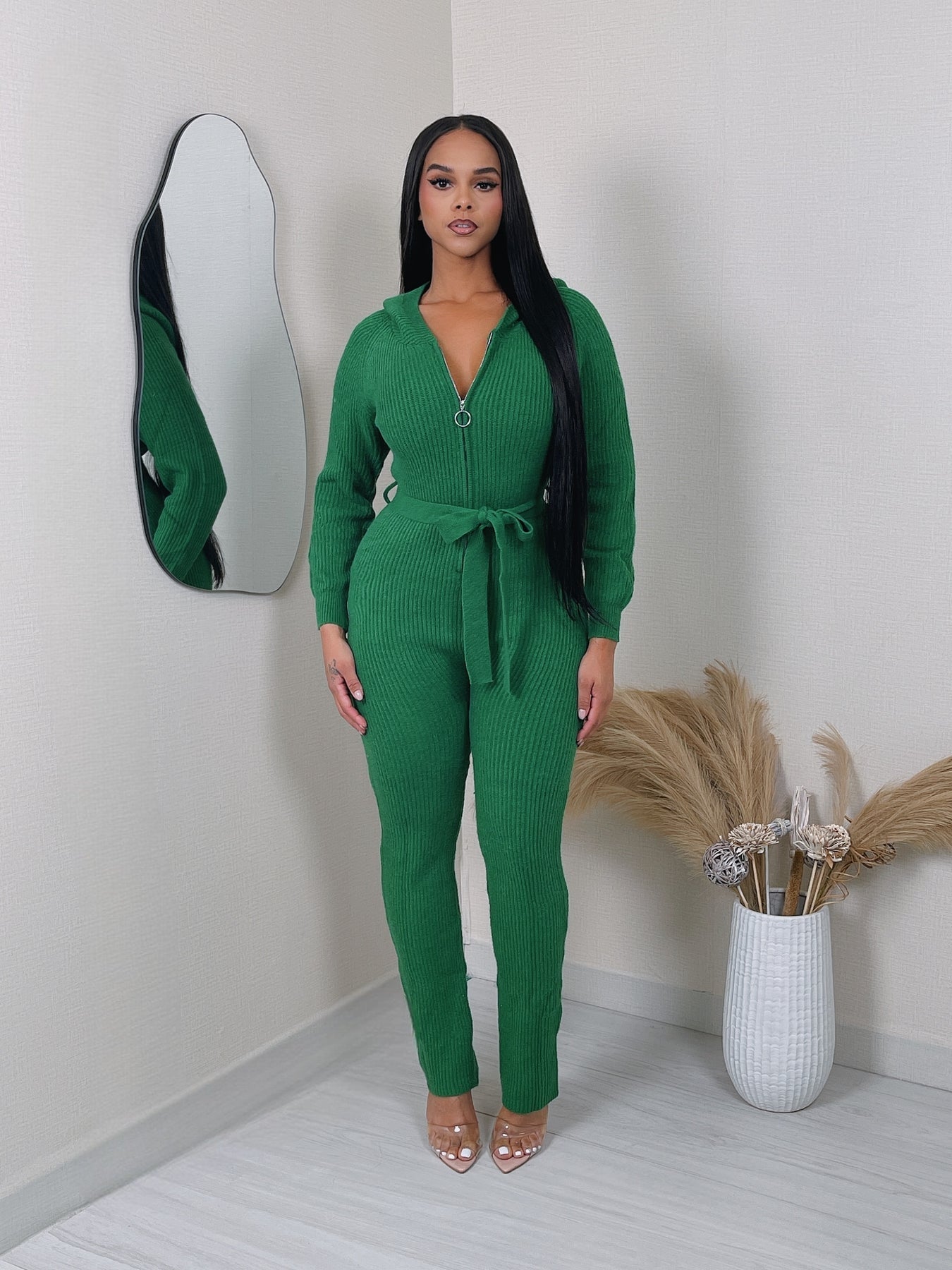 Ladies Green Hooded Sweater Jumpsuit