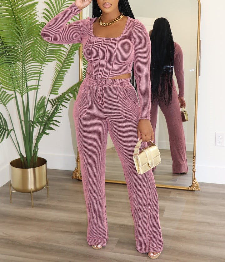 Ladies Ribbed Long Sleeve Set Pink