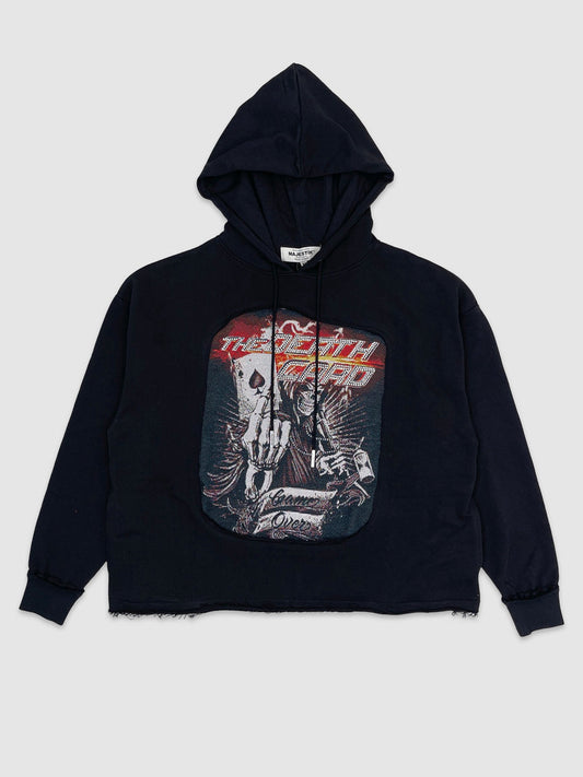 Mens Death Card Tapestry Patch Rhinestone Cropped Hoodie