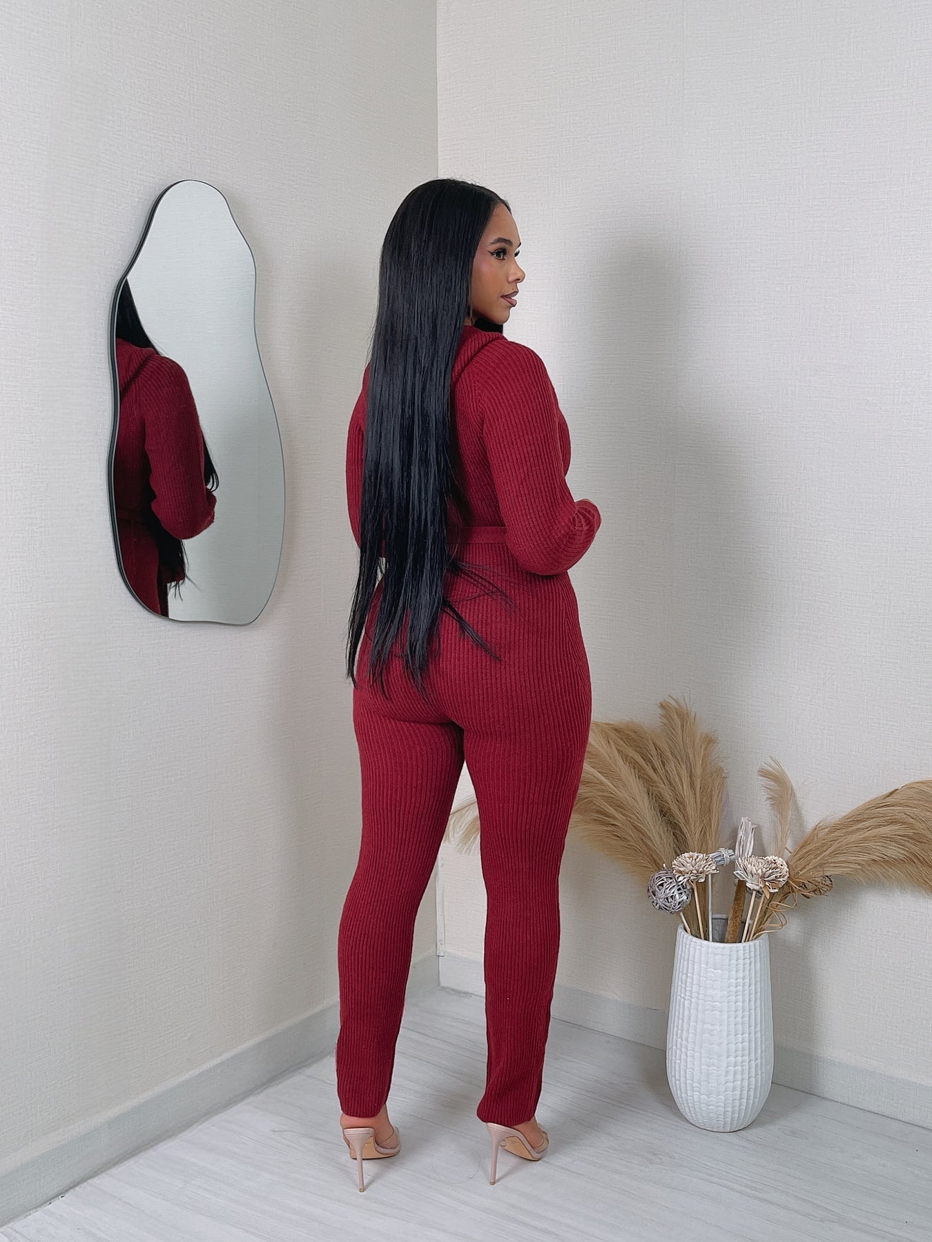 Ladies Burgundy Hooded Sweater Jumpsuit