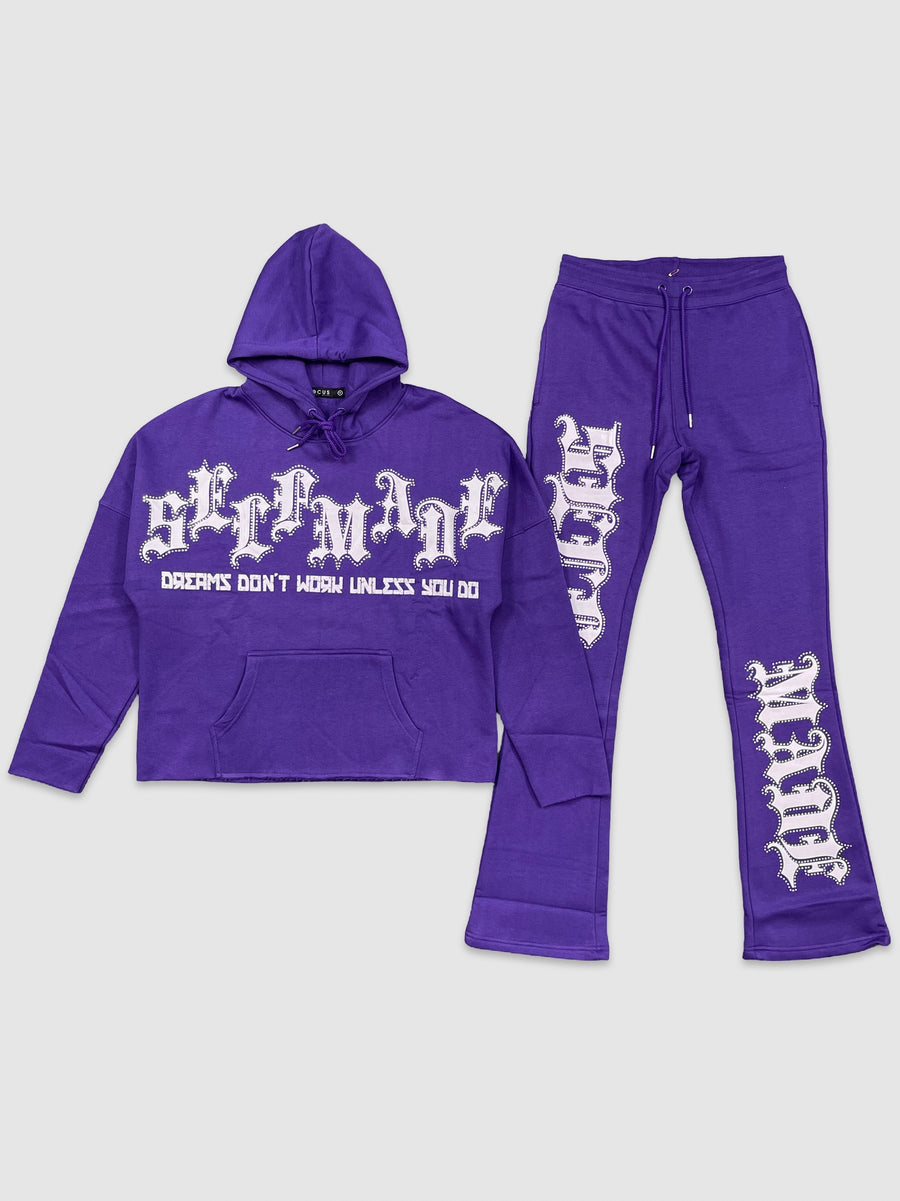 Mens Stacked Rhinestone Self Made Sweatsuit Purple