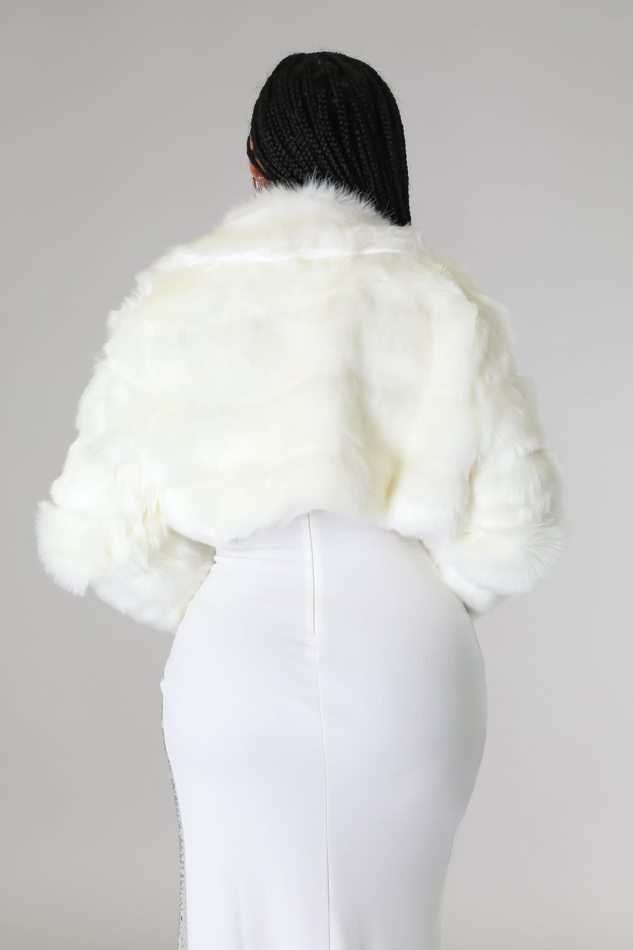 Ladies Off White Faux Fur Crop Jacket