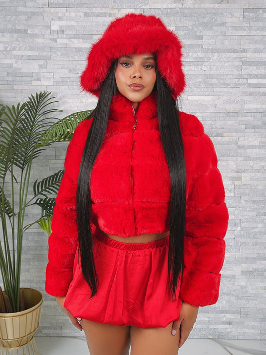 Ladies Red Fur Cropped Jacket