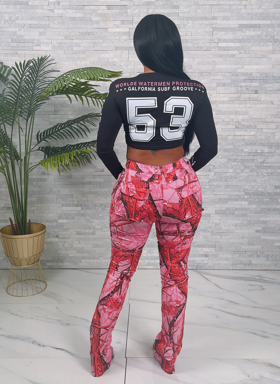 Ladies Pink Forest Camo Stacked Jeans