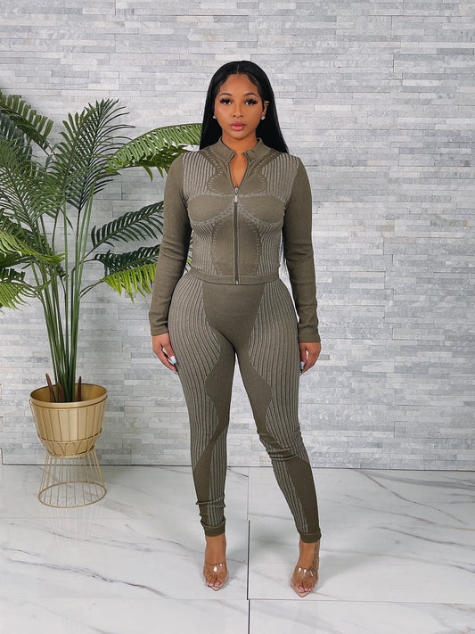 Ladies Olive Pinstripe Workout Set