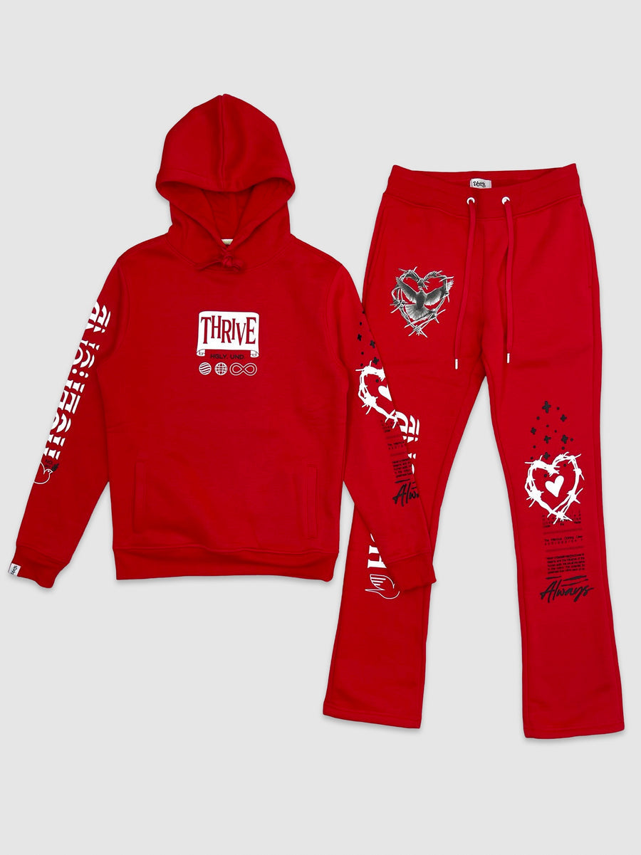 Mens Red Stacked Hoodie Set