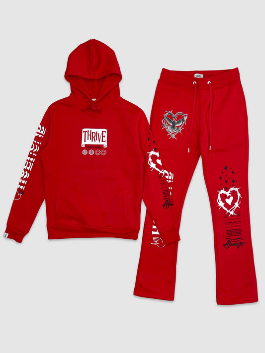 Mens Red Stacked Hoodie Set