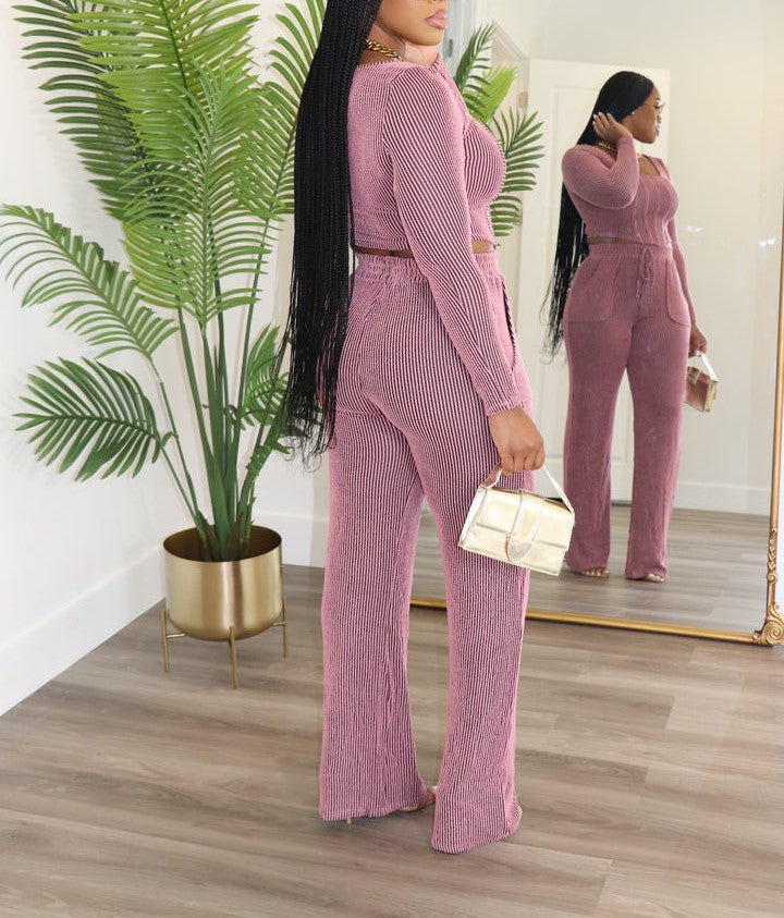 Ladies Ribbed Long Sleeve Set Pink