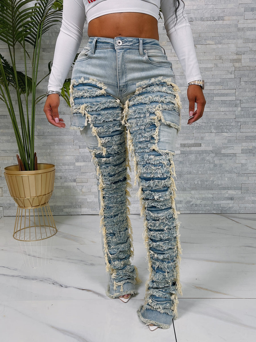 Ladies Shredded Stacked Jeans