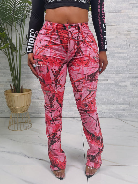 Ladies Pink Forest Camo Stacked Jeans