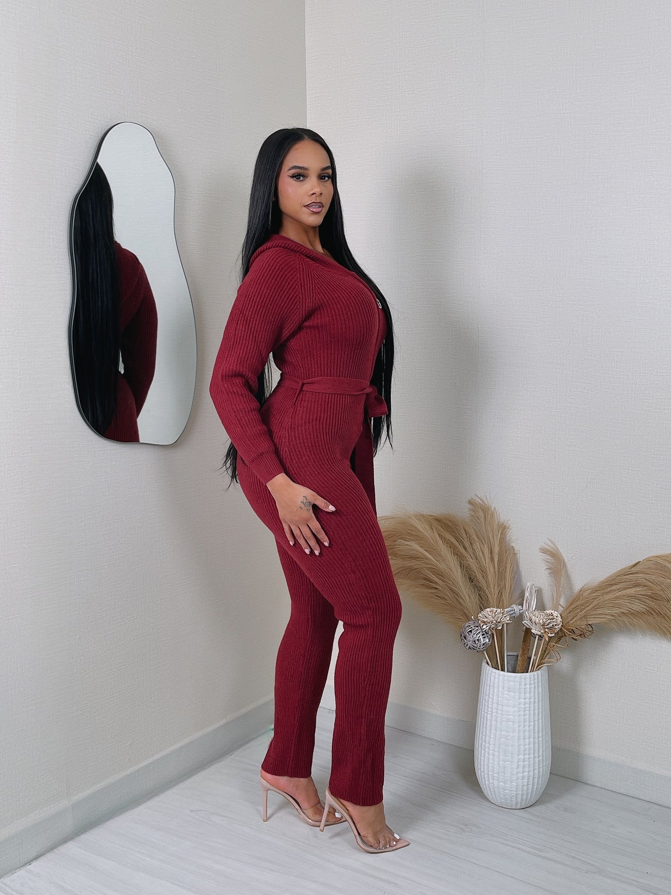 Ladies Burgundy Hooded Sweater Jumpsuit