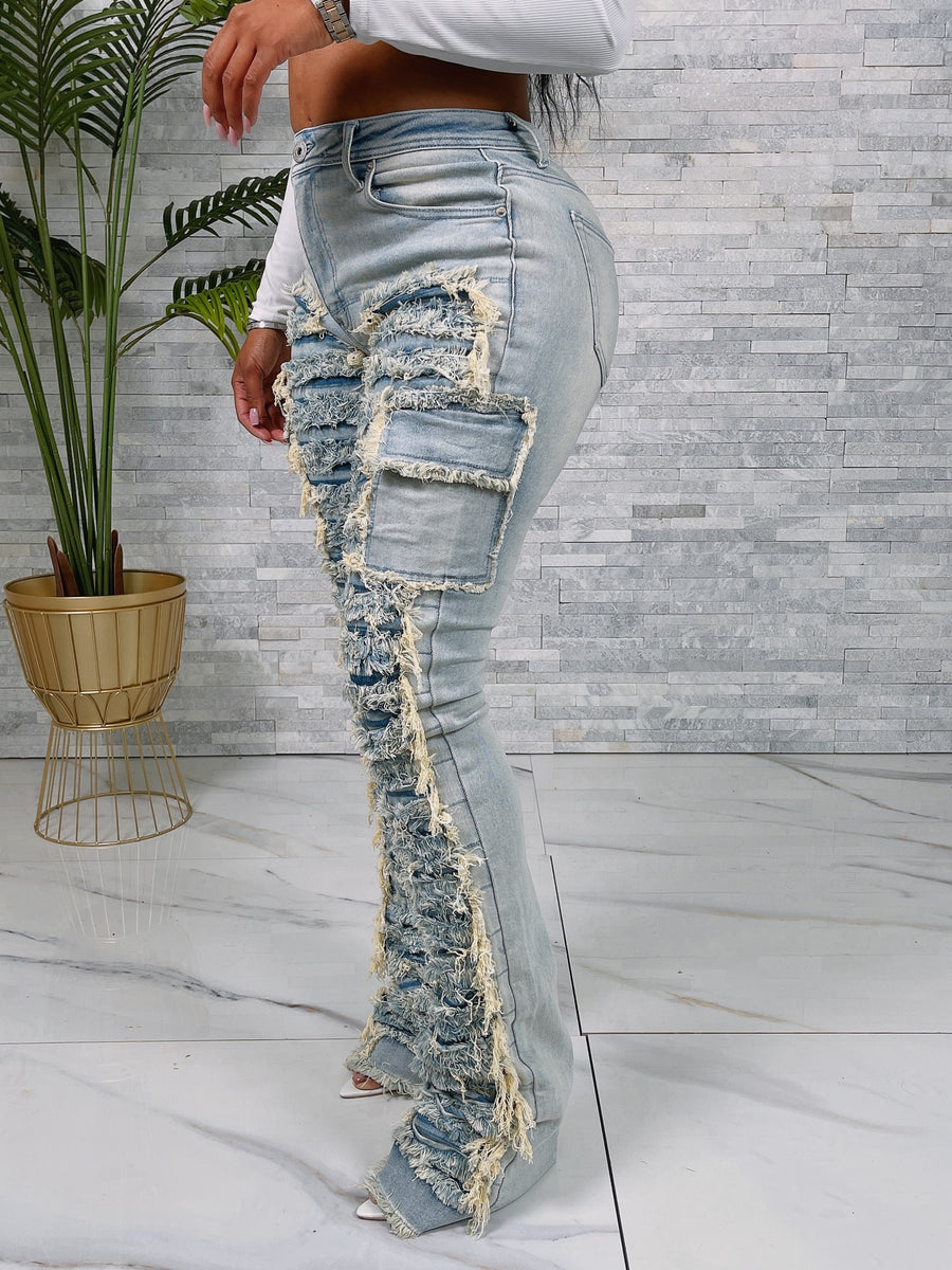 Ladies Shredded Stacked Jeans