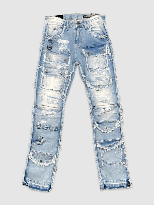 Mens Destroyed Cargo Stacked Denim
