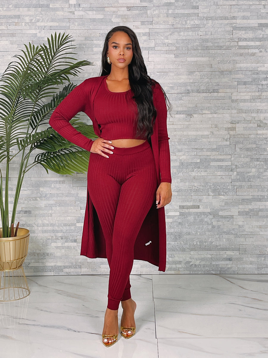 Ladies Red Ribbed Set