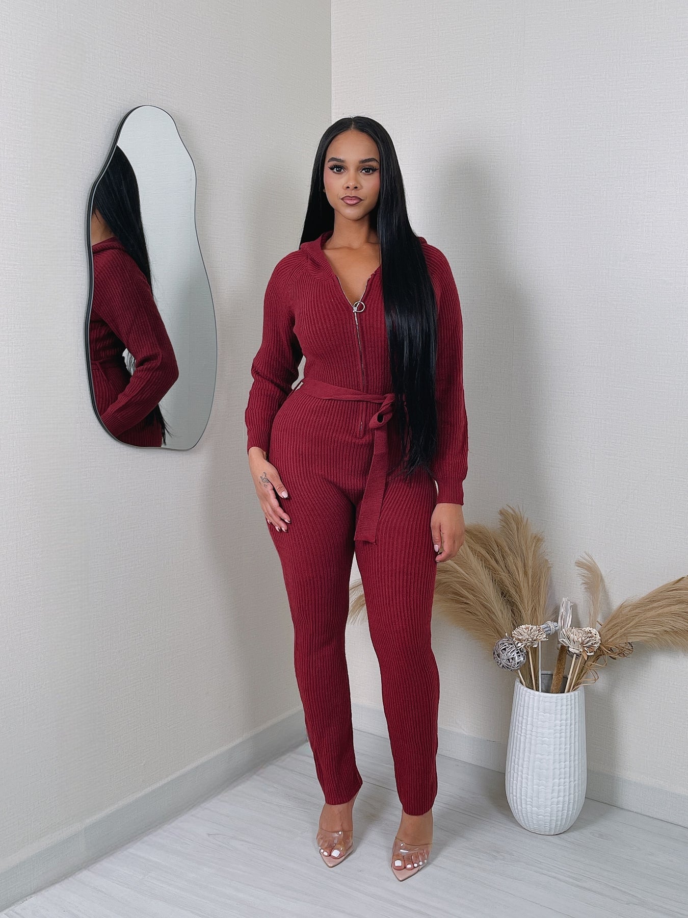 Ladies Burgundy Hooded Sweater Jumpsuit