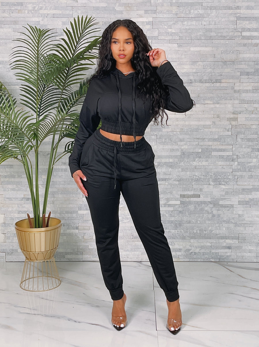 Ladies Black Crop Sweatsuit