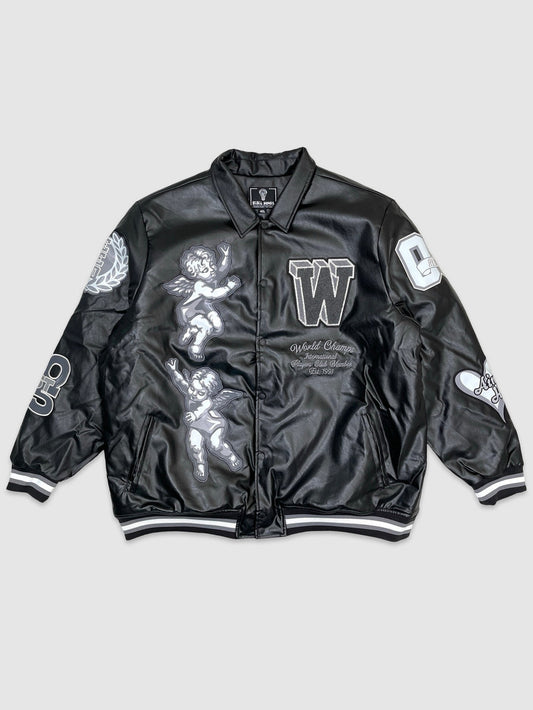 Big Mens Pu Leather Patch Cupid Varsity Jacket