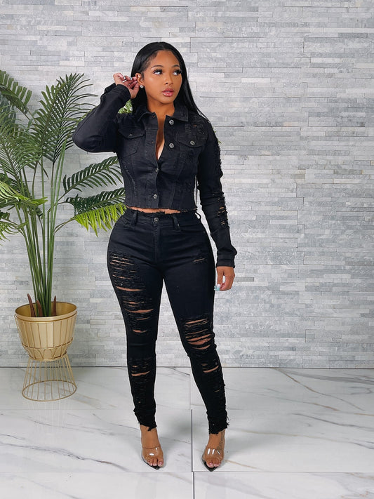 Plus Ladies Shredded Jean Set