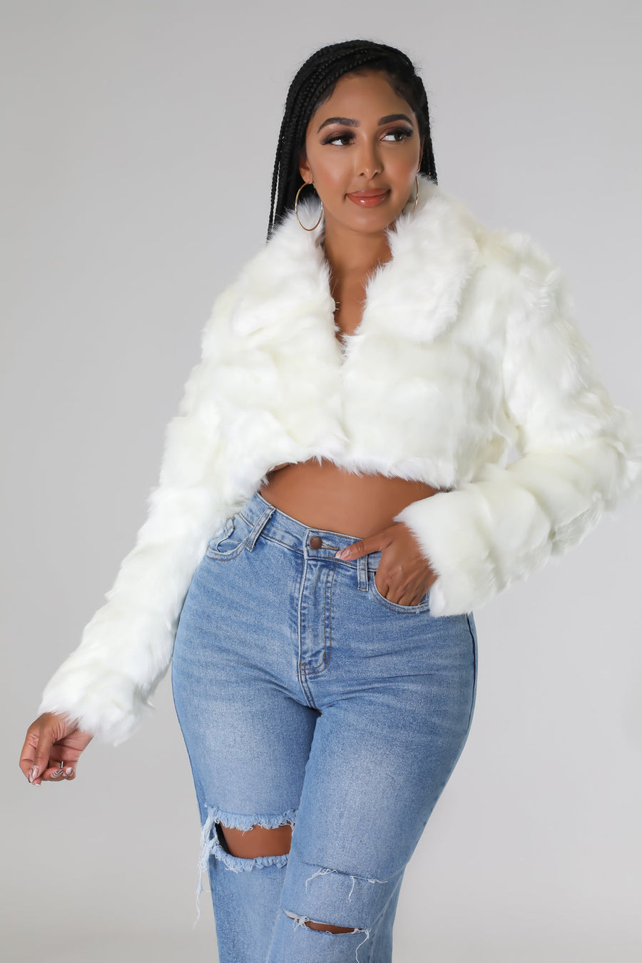 Ladies Off White Faux Fur Crop Jacket